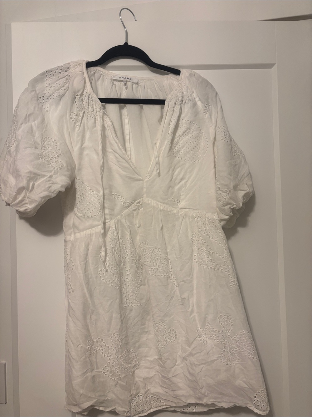 Frame Denim White Eyelet Puff Sleeve Mini Dress